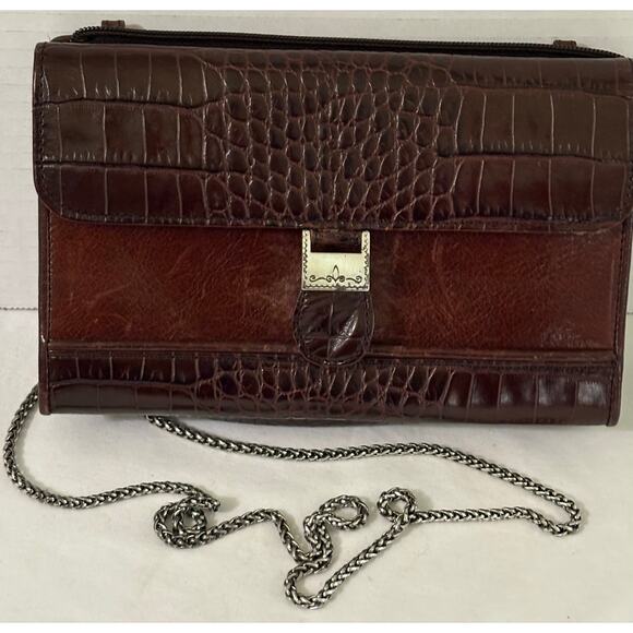 Brighton Crossbody Bag Brown Embossed Croc Leather-Organizer-Wallet-Silver Chain - Picture 1 of 8